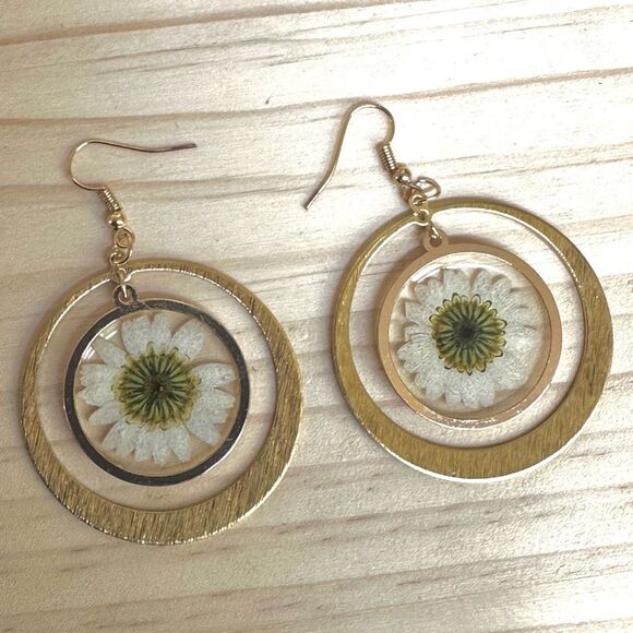 Real Pressed Daisy Resin Earrings in Gold Tone Circles - Picture 5 of 8